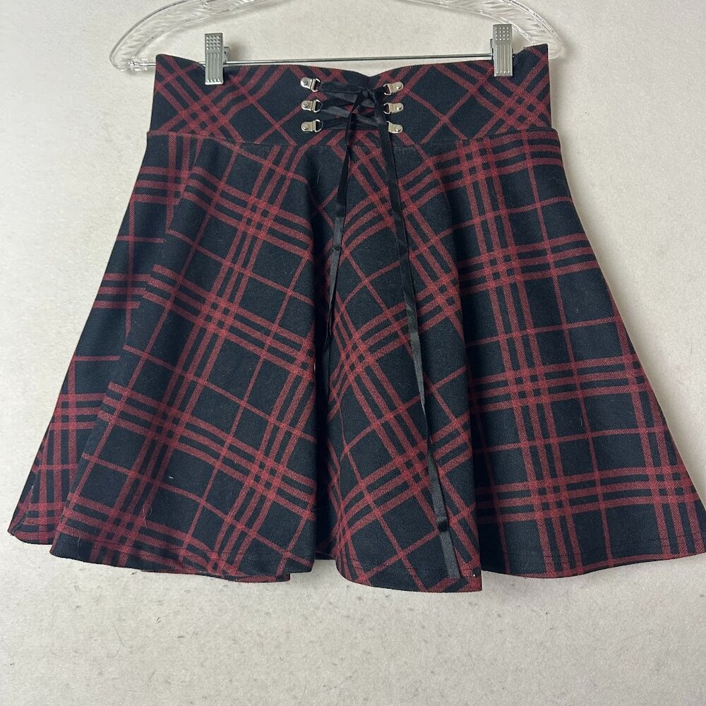 Plaid Lace Up Corset High Waisted Skater Skirt Red Black Punk Goth Mini Skirt